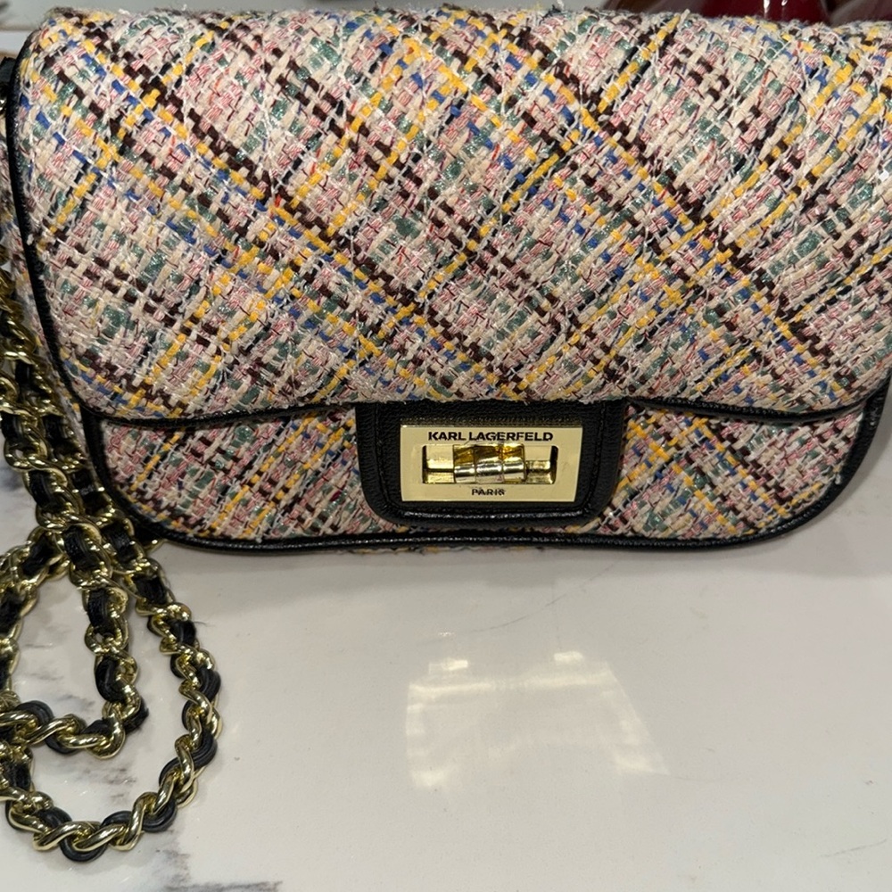 Karl Lagerfeld Paris Agyness tweed shoulder bag with a turn-lock closure
